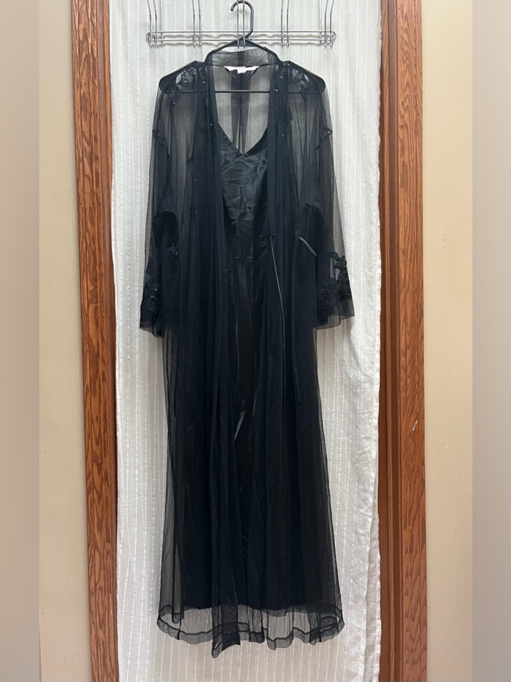 Victorias Secret 2 Piece Set Black Satin Lace Backless Slip Dress M, Robe Sz M/L